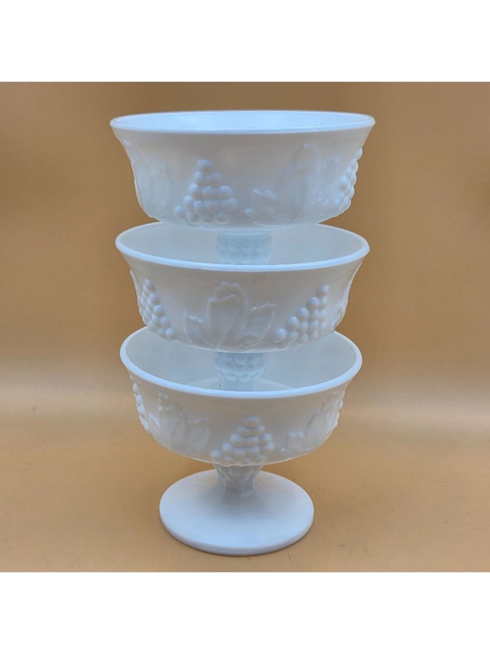 Colony Harvest Milk Glass Grape Leaf Champagne Sherbet Bowls Set of 3
